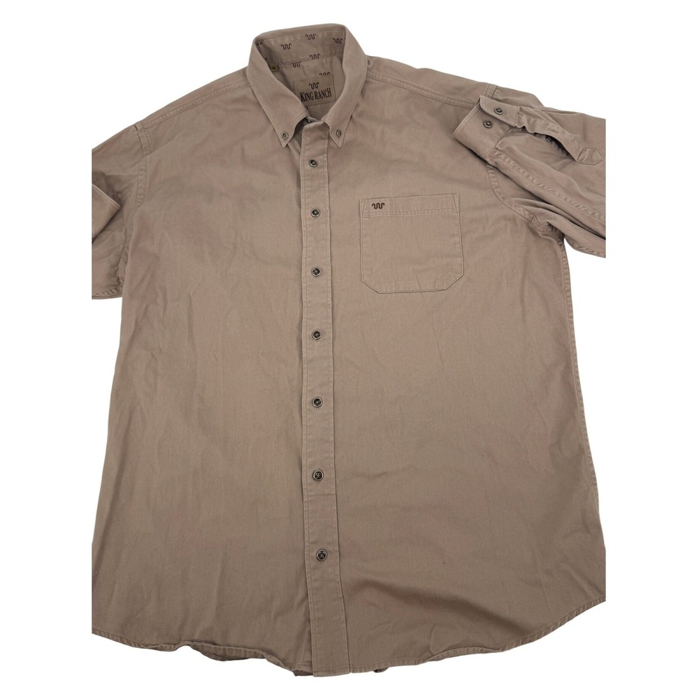 King‎ Ranch Metal Button Shirt Mens XL Tan Long Sleeve Cotton Twill Running Logo